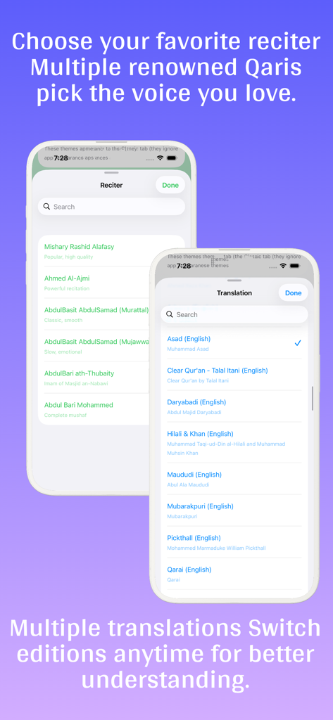 Screenshots of the Quran Art app showing the reciter and translation selection menus