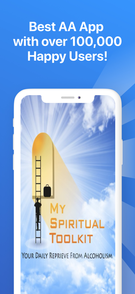 My Spiritual Toolkit AA Steps - Promotional screen for My Spiritual Toolkit AA Steps app showing a person climbing a ladder toward a glowing sky.