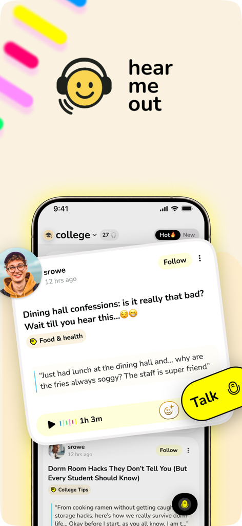 Hear Me Out app interface showing voice stories and a talk button.