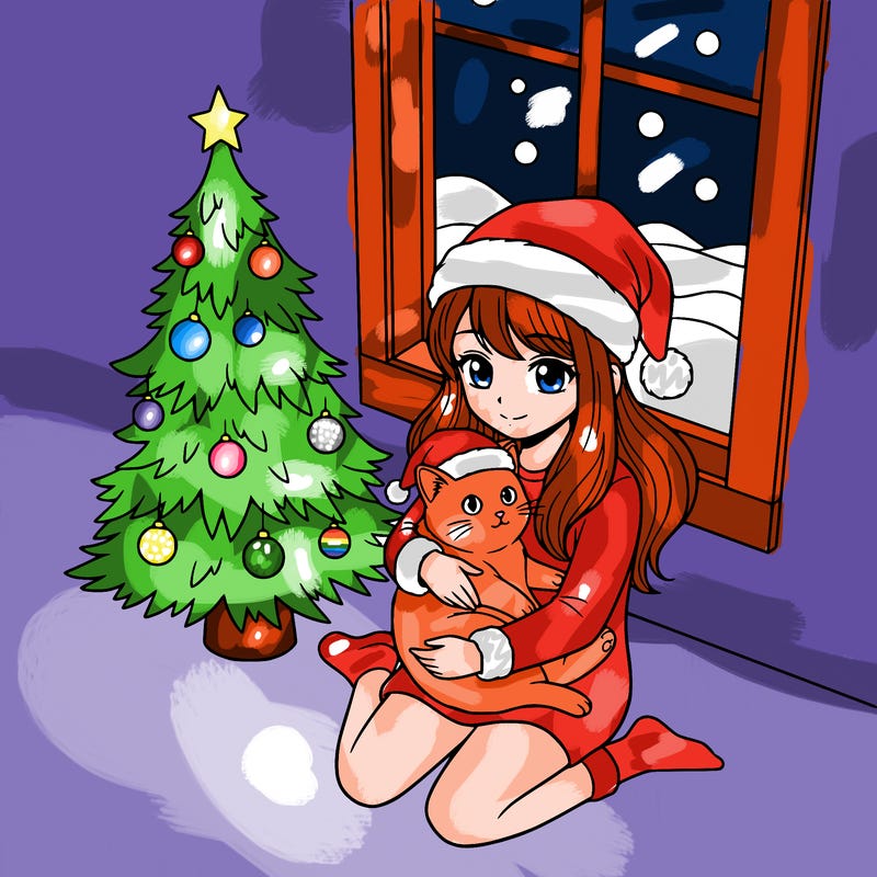 a girl wearing a santa claus hat is holding a cat in her arms, who is also wearing a santa claus hat. they are sitting near a christmas tree. there is a window next to the tree.
