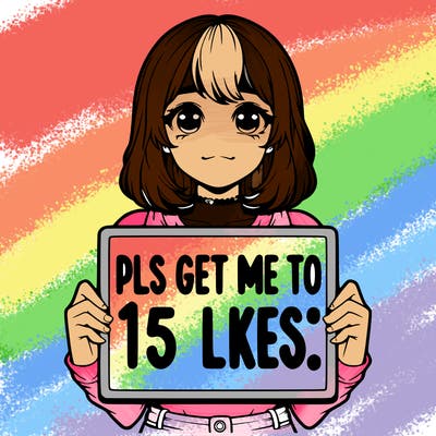 realistic girl holding up a sign that says “pls get me to 15 likes!”