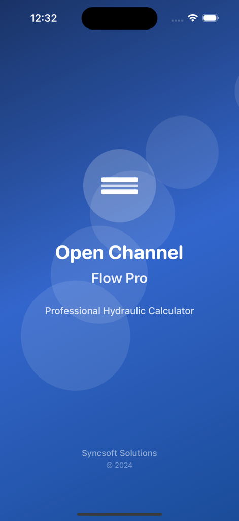 Open Channel Flow Pro 앱의 시작 화면으로, 제목과 파란색 배경에 Professional Hydraulic Calculator라는 설명이 표시됩니다.