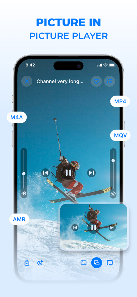 IPTV Smart Player - IPTV Smart Player che mostra un video di sci in modalità picture-in-picture con formati di file supportati come MP4 e MQV evidenziati