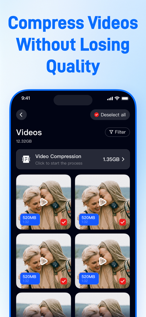 AI Cleaner Optimize Storage - AI Cleaner app interface showing video compression feature to save storage on iPhone