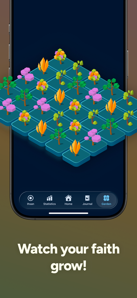 Just Pray: Track Muslim Prayer - Um jardim digital isométrico com árvores coloridas low poly representando o progresso espiritual no aplicativo Just Pray