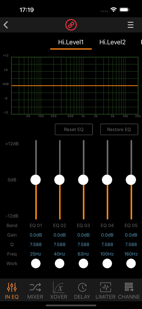 SP480 - Interfaz del ecualizador de entrada de la aplicación DSP de audio para coche SP480 con deslizadores de frecuencia y curva de respuesta