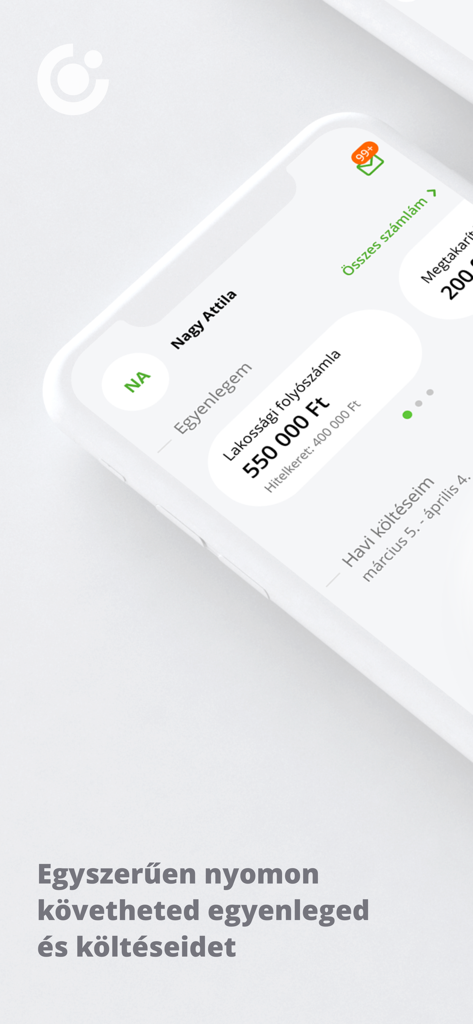 OTP Bank HU - OTP Bank HU 모바일 뱅킹 앱 인터페이스, 계좌 잔액 및 지출 추적 표시