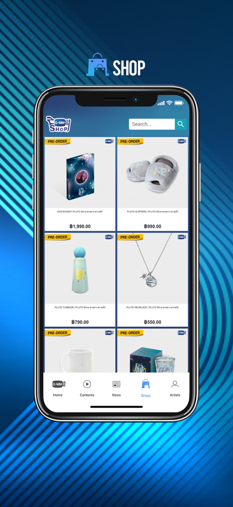 GMMTV - GMMTV Mobile App Shop-Oberfläche mit offiziellen Serien-Merchandise-Artikeln zur Vorbestellung