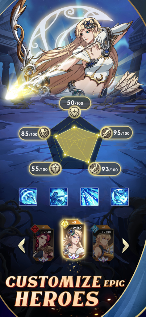 Mythic Heroes: Idle RPG - Hero customization screen in Mythic Heroes Idle RPG featuring an archer and a stat radar