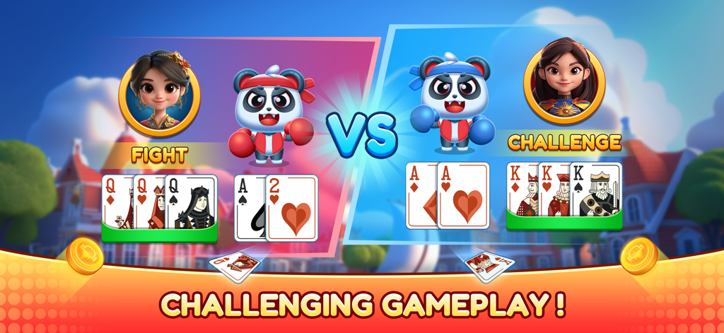 Tongits Club Offline - A versus screen showing a card game battle between characters with the text Challenging Gameplay