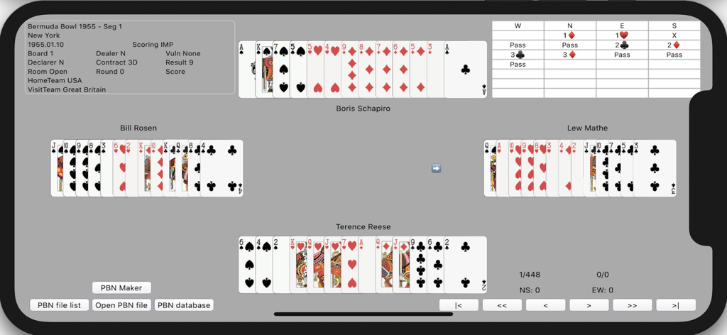 Bridge PBN Viewer & Maker - Bridge PBN Viewer interface showing a historical match hand with card distributions and bidding table