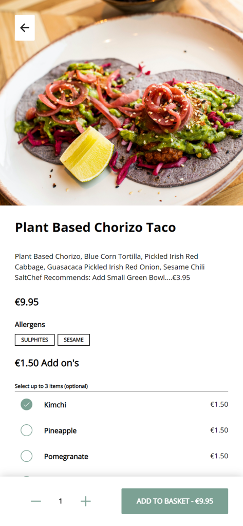 Nutbutter Dublin mobile app screen for ordering a plant based chorizo taco