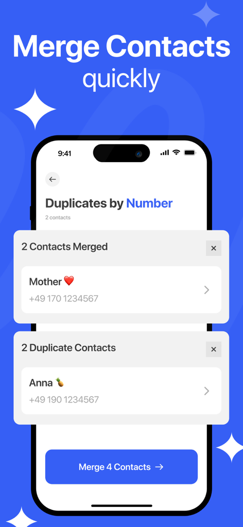Freshify - Phone Cleaner - Interface of Freshify app showing duplicate contact merging feature on iPhone