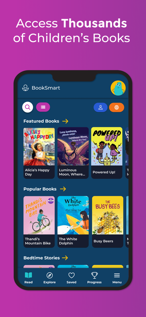 The BookSmart app homepage displaying categories of free digital children's books.