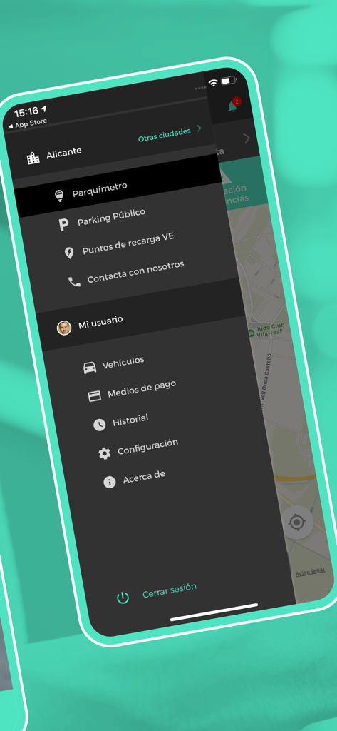 Moviltik mobile app side menu with options for parking meters public parking EV charging and user account settings