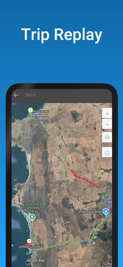 衛星マップ上に走行ルートの再生を表示するGPS Monitor Plusアプリ