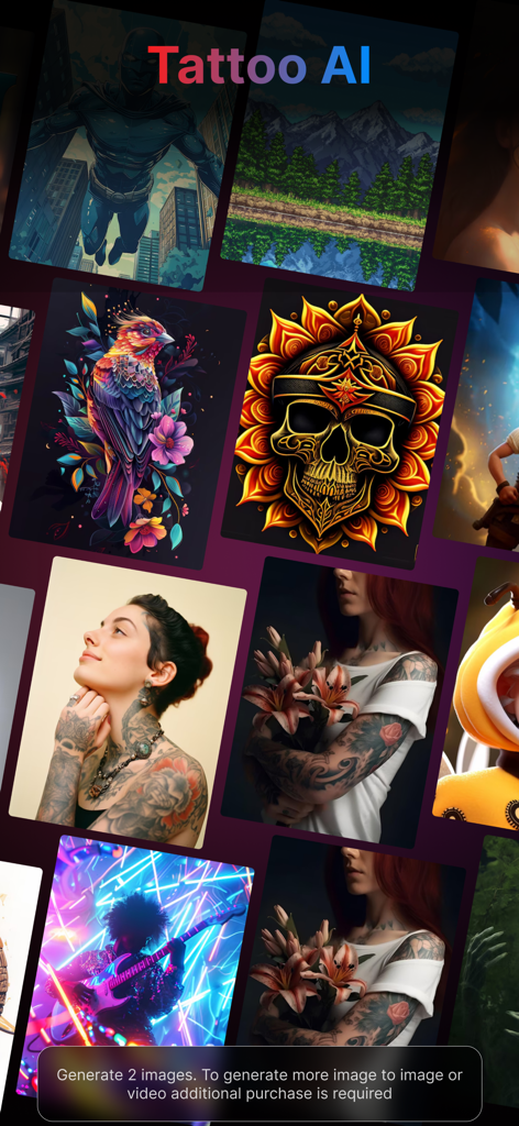 AI Video,Art & Image Generator - 타투 AI 갤러리에서 AI 생성 예술 작품 모음, 타투, 풍경 및 초상화 포함