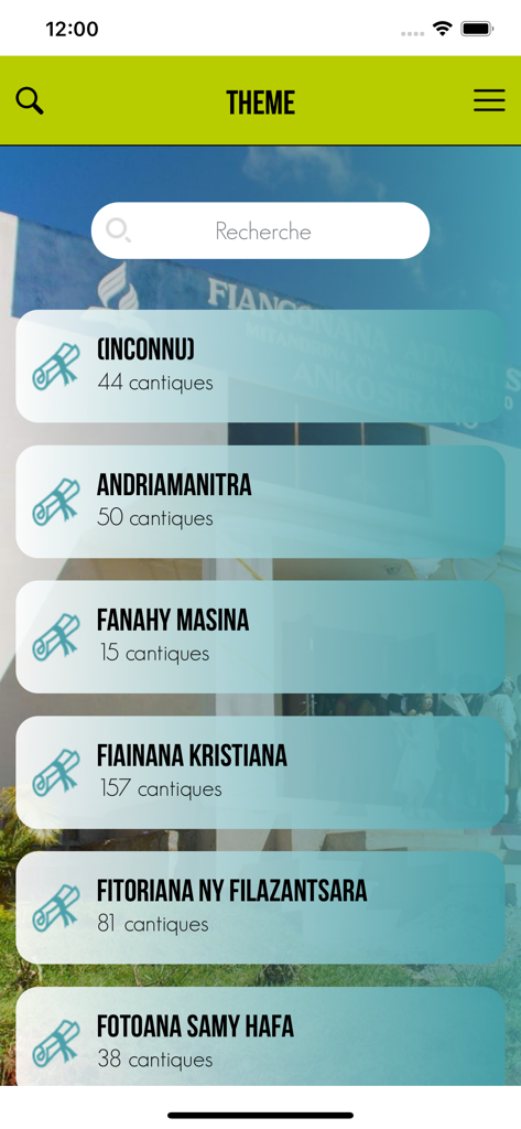 Fihirana Advantista - Hymn themes and categories list in the Fihirana Advantista Malagasy app