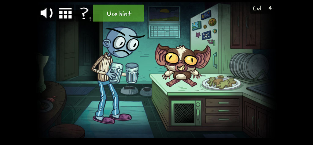 Un personaje sosteniendo vasos junto a una criatura Gremlin en una escena de cocina de Troll Face Quest Horror.