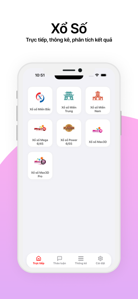 Main interface of the Xo So VIP app showing Northern, Central, and Southern Vietnamese lottery categories.