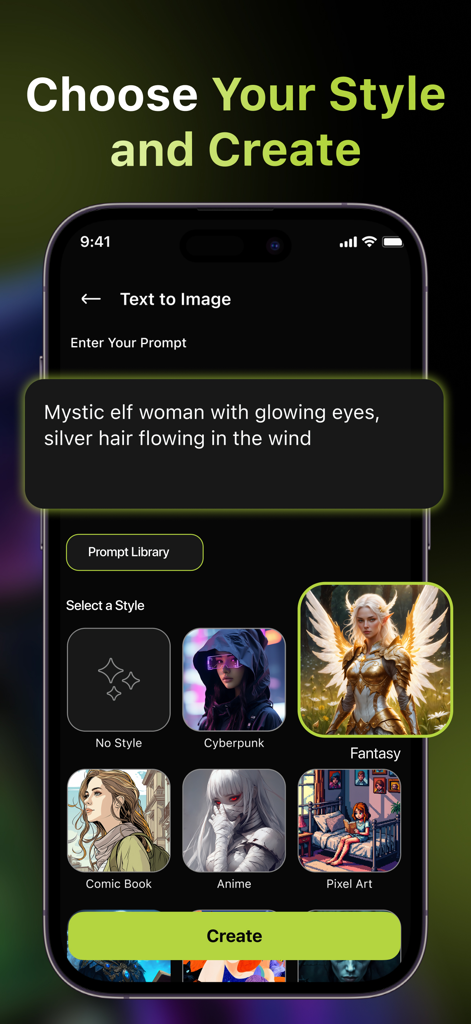 Motion : AI Video Generator - Interface of the Motion AI Video Generator app showing text to image prompts and artistic style options like Cyberpunk and Anime