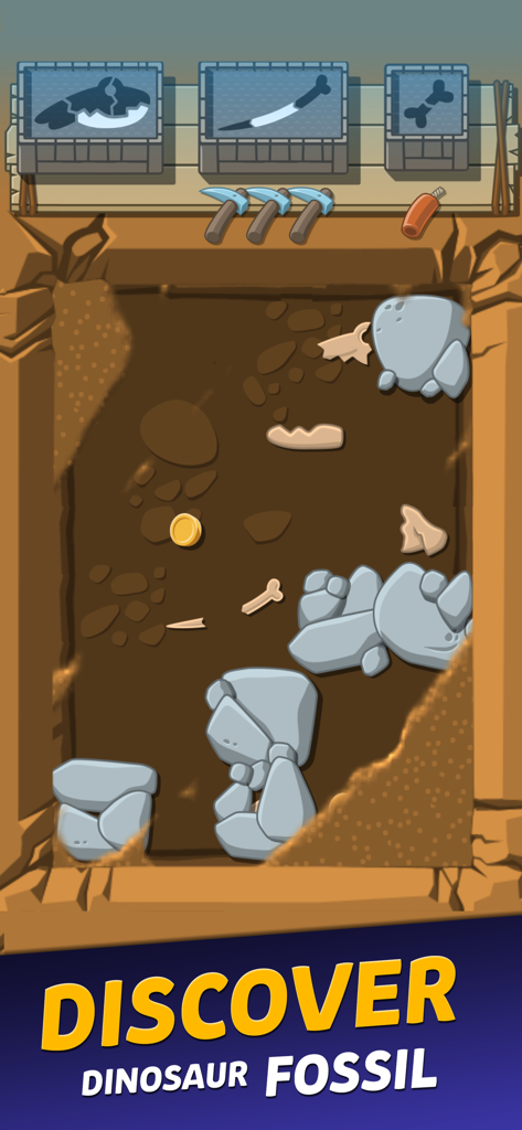 Crazy Dino Park - Una captura de pantalla de un juego móvil que muestra un sitio de excavación donde los jugadores desentierran huesos y fósiles de dinosaurios