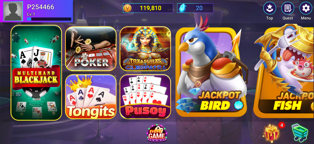 Poker & Slots - Poker Offline - Main menu of the Poker and Slots app showing card games like Blackjack Poker Tongits and Pusoy