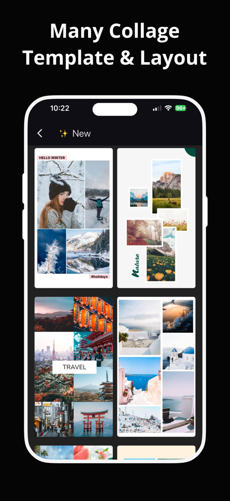 Collage Maker CollagePhotoApp - Una interfaz móvil que muestra varias plantillas de collage estéticas y diseños de cuadrícula para fotos de viajes y naturaleza