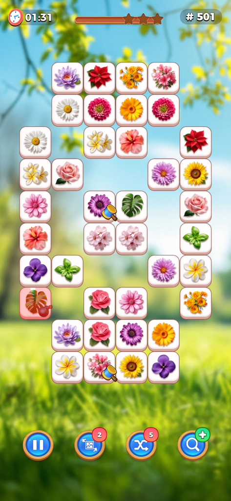Zen Flower - Tile Match Game - Gameplay screen of Zen Flower tile matching puzzle game with colorful floral tiles on a blurred nature background