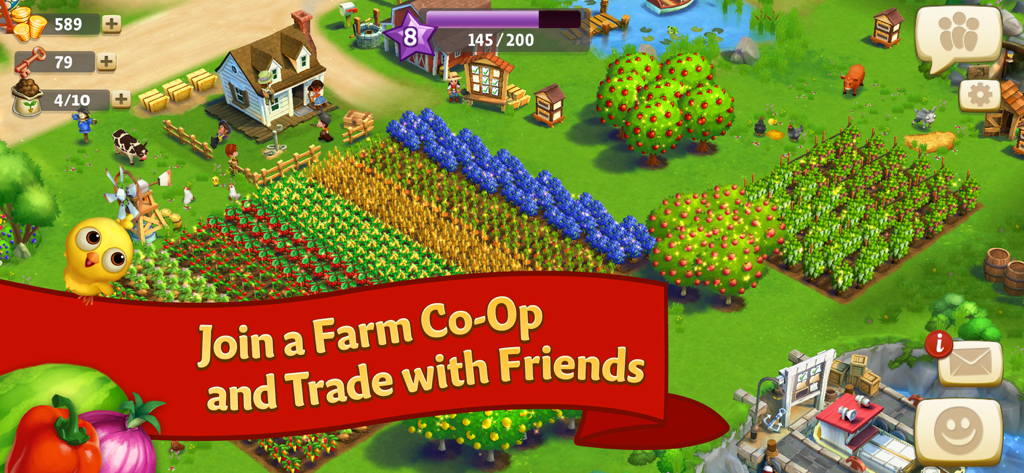 Jugabilidad de FarmVille 2 Country Escape que muestra la personalización de la granja y el banner de la función de cooperativa