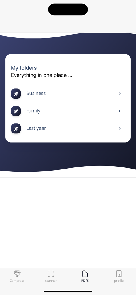 PDF Scanner Converter & Editor - Oberfläche der PDF-Scanner-App mit Ordnern zur Dokumentenorganisation für Geschäftliches und Privates
