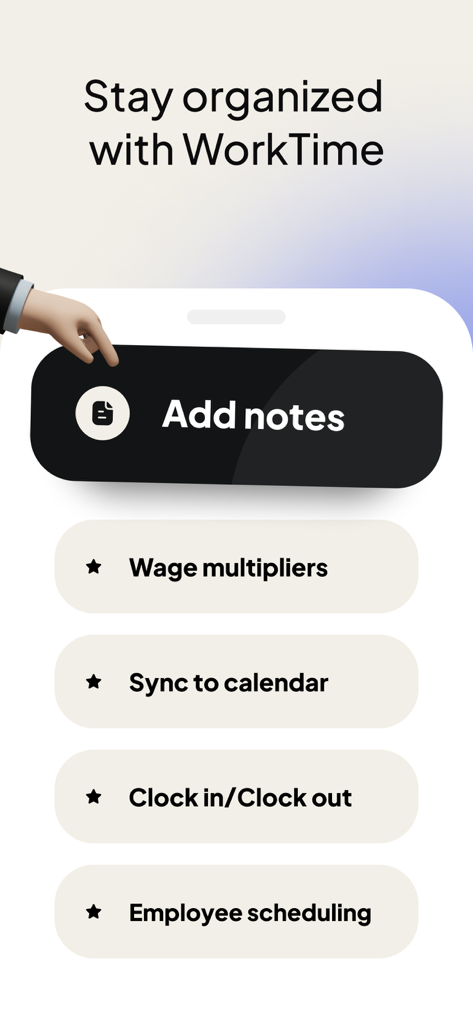 WorkTime: Shift Work Calendar - Tela do aplicativo WorkTime mostrando recursos como adicionar notas, multiplicadores de salário e sincronização de calendário para manter a organização