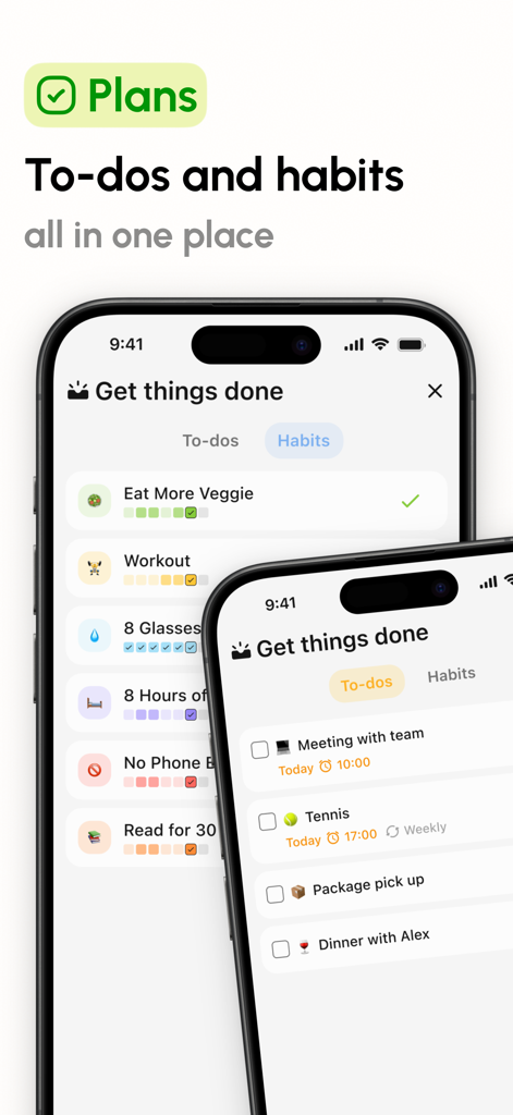 Sparky - Planner and Journal - A mobile app interface displaying a habit tracker with streak icons and a daily to-do list with time-scheduled tasks.