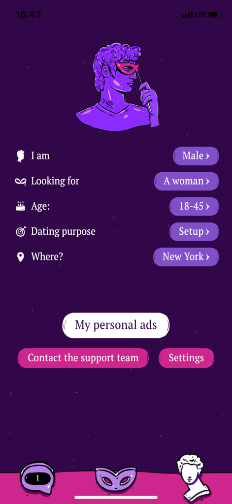 Masked Love: chat & date app - Dating app screen for setting preferences like age range and dating purpose in New York.