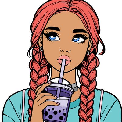 realistic girl with braided hair drinking boba
