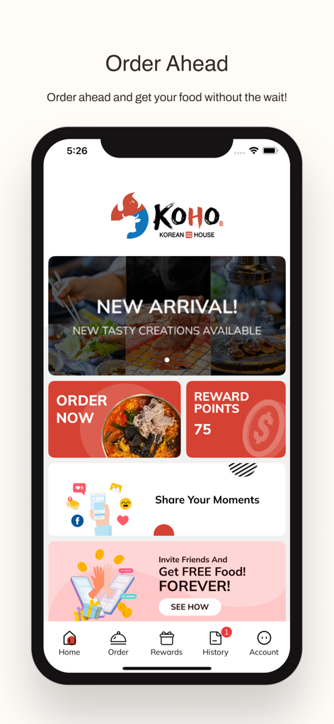 KOHO Korean BBQ House - KOHO Korean BBQ Houseアプリのホーム画面。先注文と特典ポイントのセクションを表示