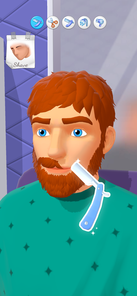 Hair Tattoo: Barber Shop Game - Un joueur rase un client à barbe rousse avec un rasoir droit dans le jeu Hair Tattoo.