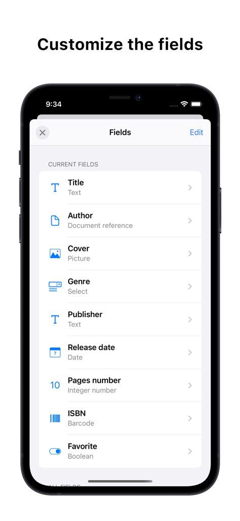 Collections Database - iPhone screen showing a list of customizable database fields including text, picture, and barcode types
