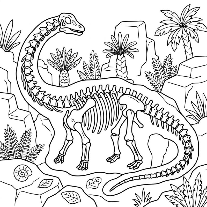 Ignite your child's imagination with this captivating Diplodocus skeleton coloring page. They'll love bringing this long-necked dinosaur's ancient bones to life with their favorite colors.