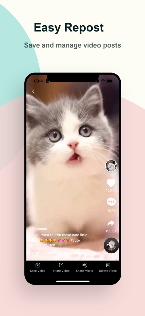 Smartphone screen of Tikcd app demonstrating the easy repost and save video features with a kitten video.