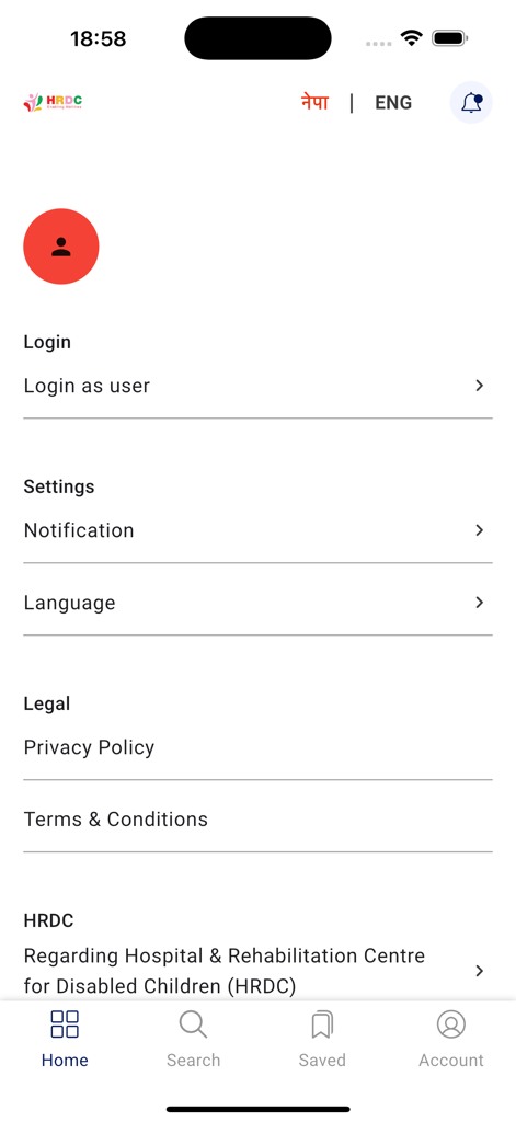 Pantalla de cuenta y configuración del usuario de la aplicación móvil HRDC Disability Prevention mostrando opciones de inicio de sesión y configuración de notificaciones.