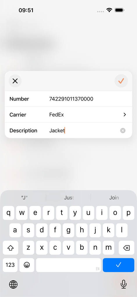 Parcel - Delivery Tracking - Interface to add a new delivery tracking number for FedEx in the Parcel app