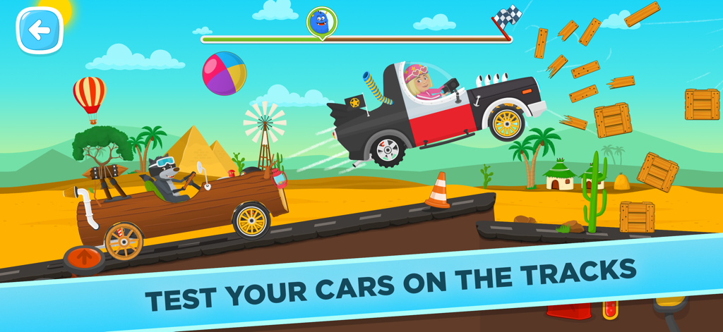 Two customized cartoon cars racing on a desert-themed track with obstacles and characters