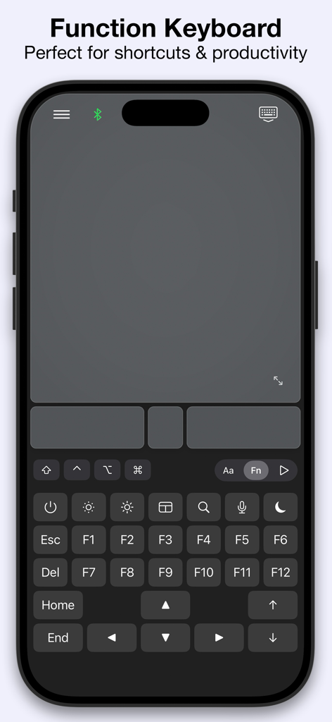 Interfaz de la aplicación Mobile Mouse USB Remote que muestra un teclado de funciones con teclas F y un touchpad en un iPhone
