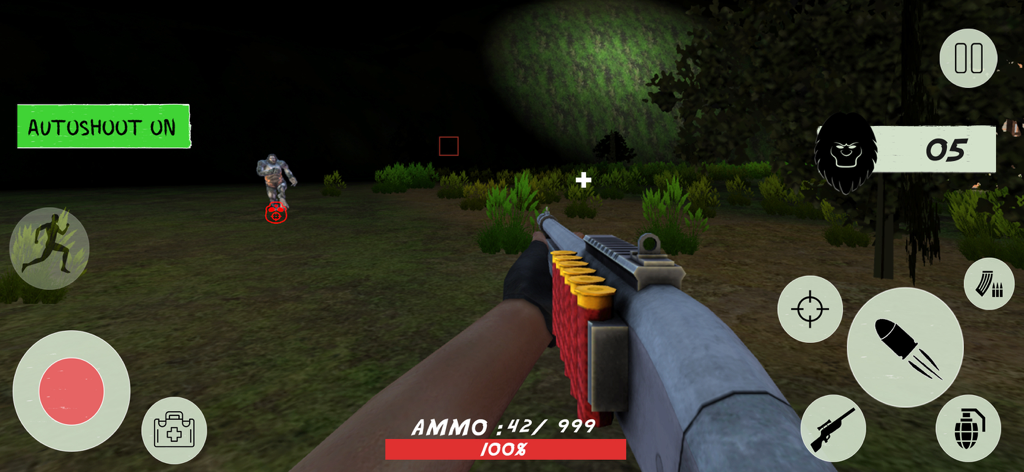 Gorilla Games Giant  Monster - Vista en primera persona de un jugador apuntando con una escopeta a un gorila gigante en un entorno forestal