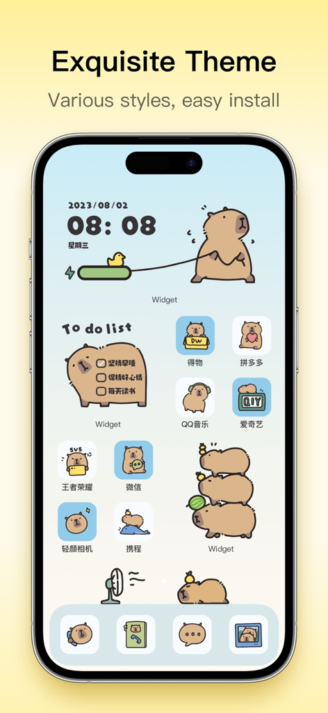 Colorful Widget- Widget&Themes - iPhone home screen featuring a cute capybara aesthetic theme with custom widgets and icons