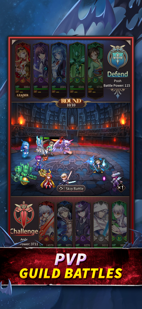 Bloodline: Last Royal Vampire - 어두운 경기장에서 두 팀의 애니메이션 캐릭터가 등장하는 블러드라인 라스트 로열 뱀파이어의 전술 PvP 길드 전투 장면