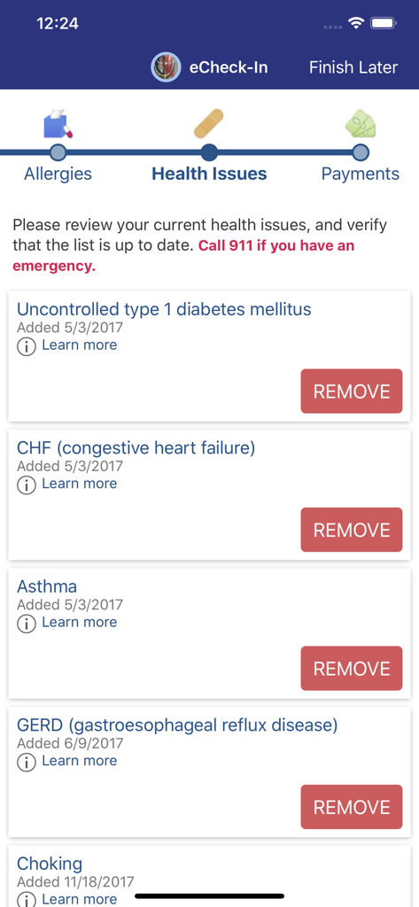 myPennMedicine app eCheck-In screen displaying a list of current health issues for review