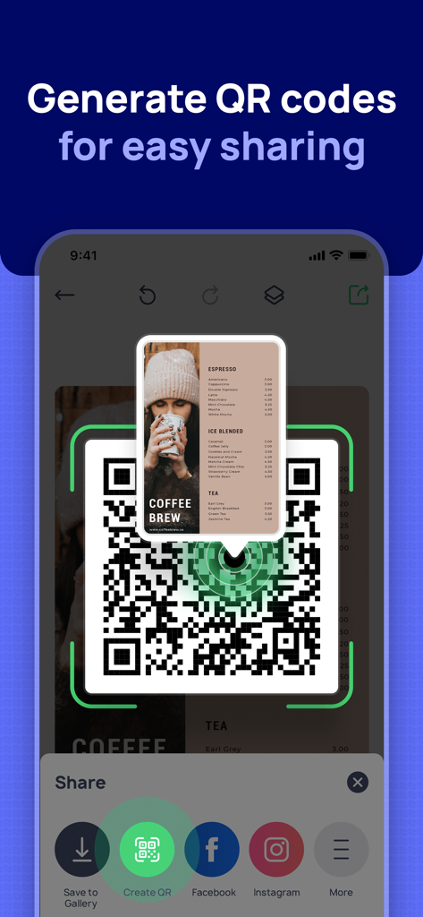 Menu Maker: Design Creator - A smartphone screen displaying the generation of a QR code for a coffee shop menu within the Menu Maker app interface.