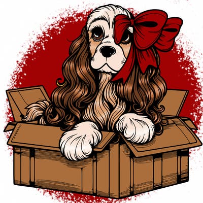 a spaniel american cocker with a beautiful bow coming out if a box realistic cute